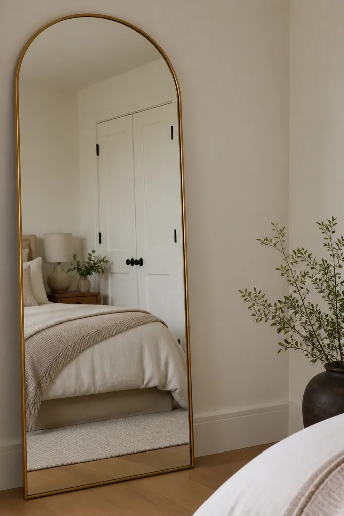 A tall mirror with a matte black or matte brass frame in a clean corner, reflecting a neatly made bed and a closed-door closet.