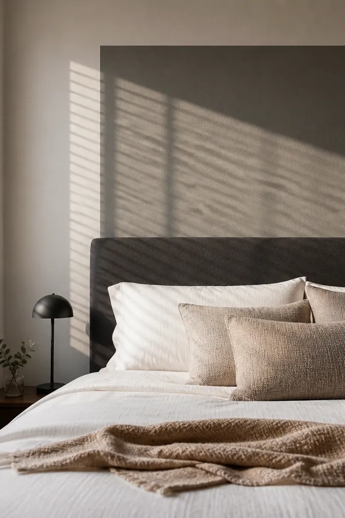 Warm white bedroom wall with a charcoal rectangle behind the bed and white trim