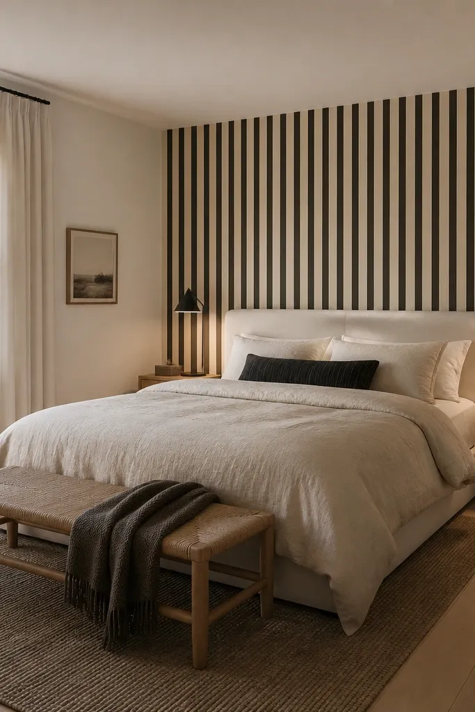 Black and cream vertical stripe accent wall behind a bed with neutral bedding