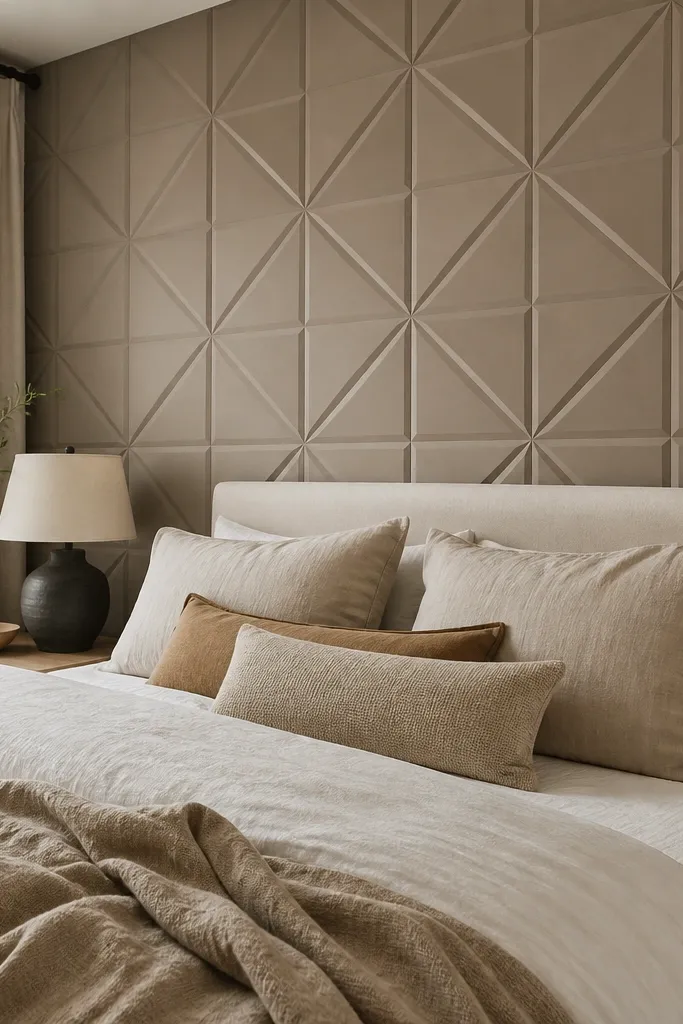 Warm greige 3D geometric peel-and-stick panels on a bedroom wall behind a bed