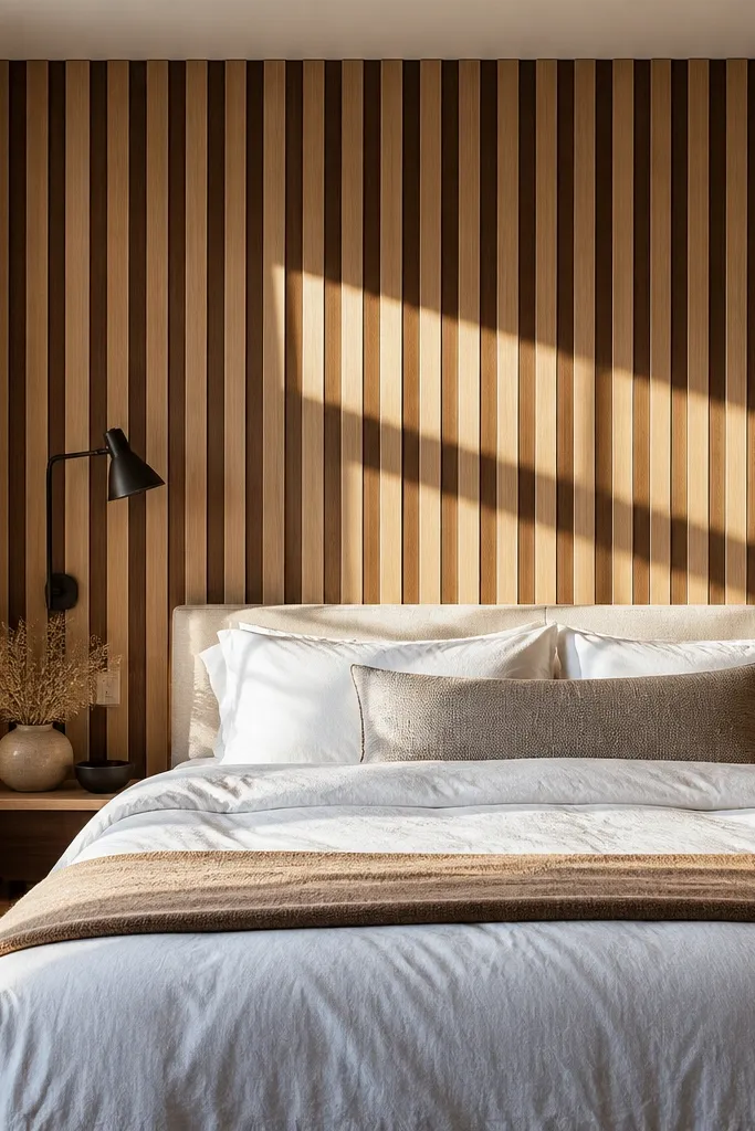 Two-tone wood slat accent wall behind a bed with light and medium brown slats