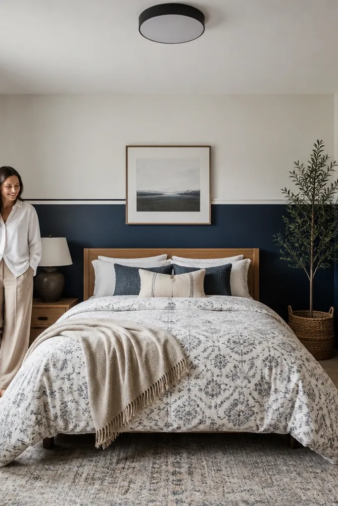Navy half-wall accent behind bed with a crisp white horizontal trim line