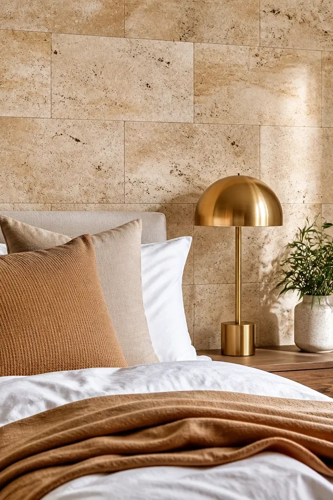 Travertine-look peel-and-stick tile accent wall behind a bed in warm beige tones