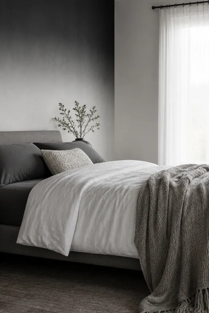 Monochrome gradient wash accent wall behind a bed from darker top to lighter bottom