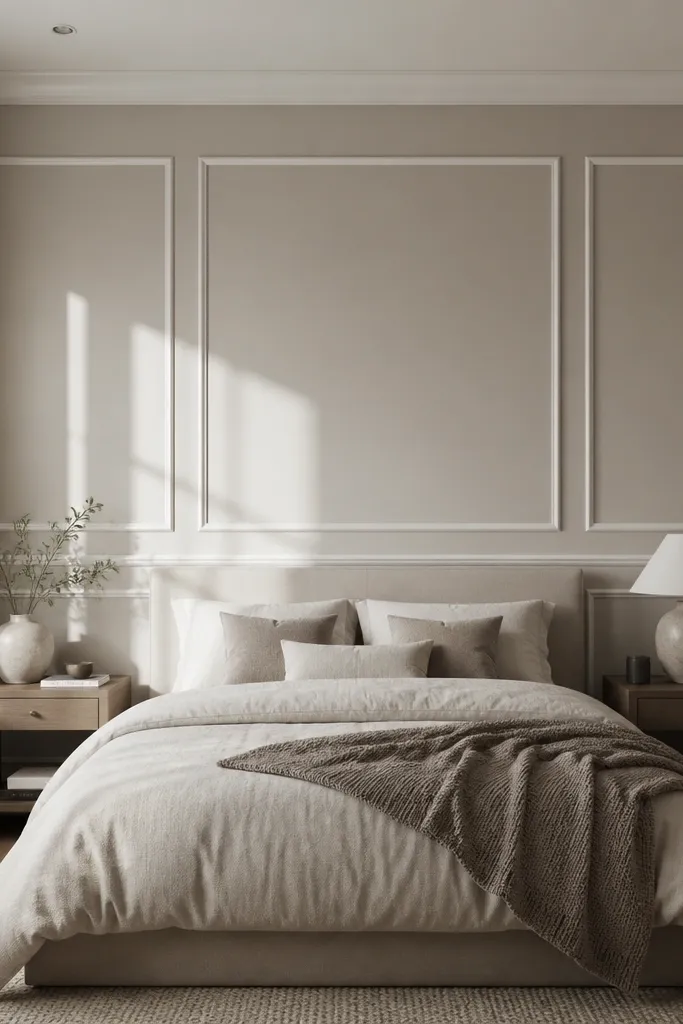 White MDF framed rectangles on a wall behind a bed with a soft neutral background