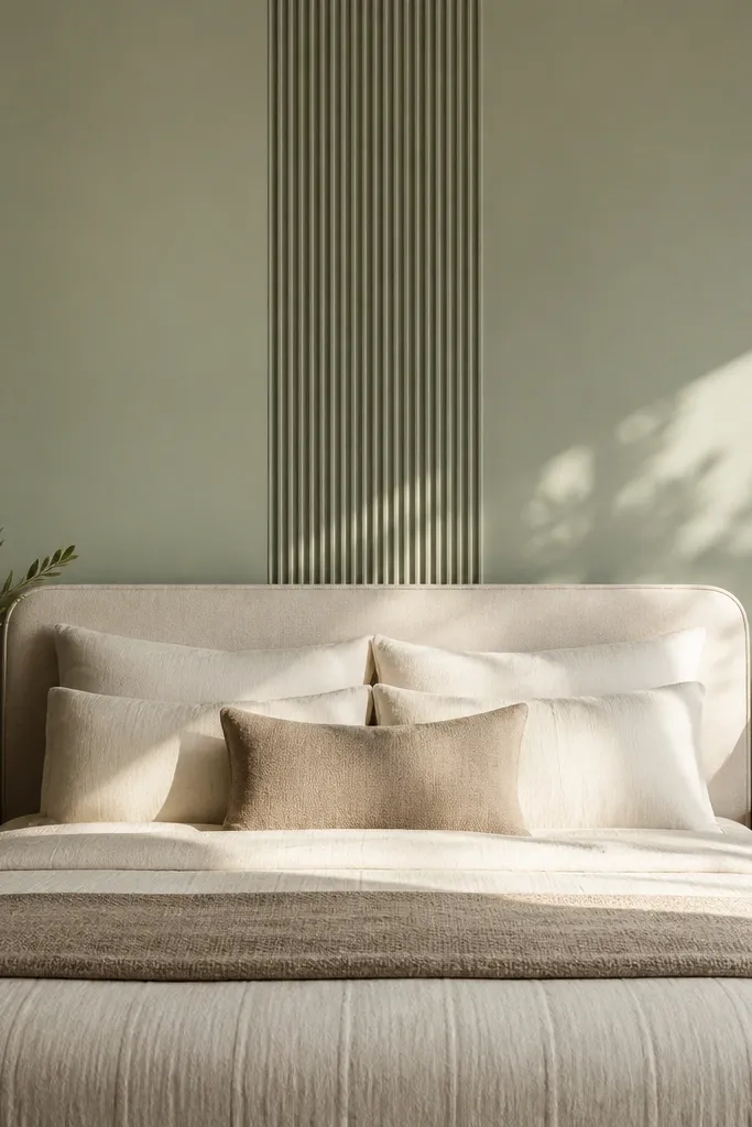 Matte sage wall with one vertical ribbed accent stripe behind a bed