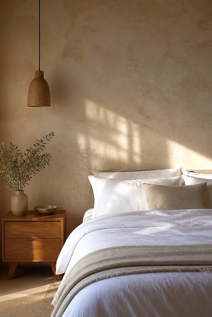 Textured limewash effect wall behind a bed with soft white haze over warm tones