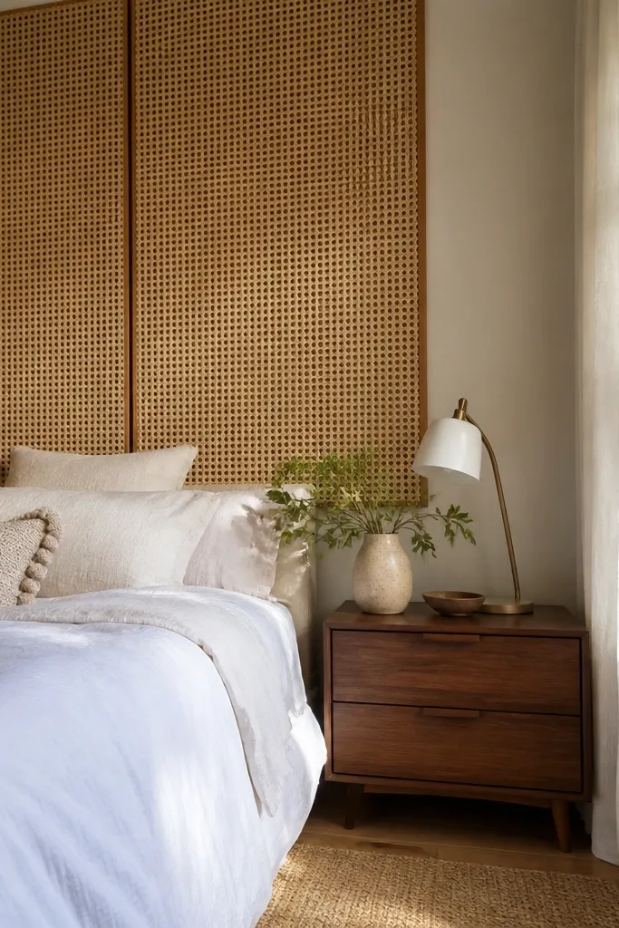 Natural tan cane webbing wall behind a bed with light neutral bedding