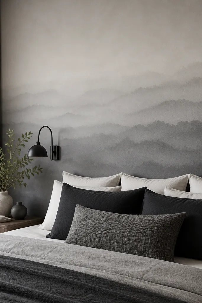 Smoky ombre wallpaper behind a bed fading from dark gray to soft gray