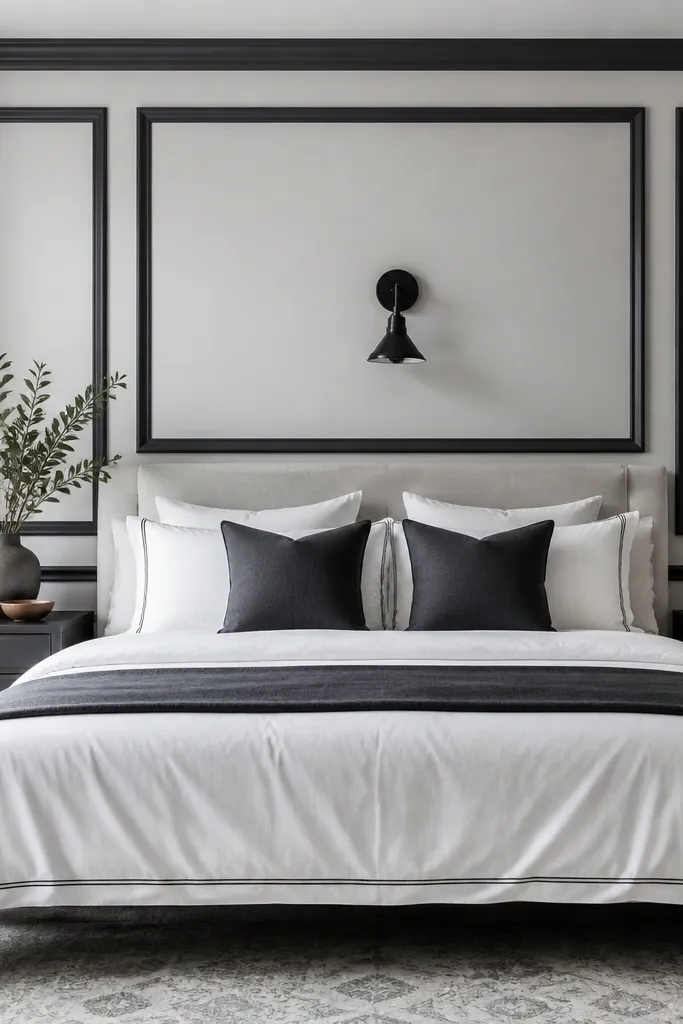 Monochrome wallpaper with a frame-like border behind a bed in a gray tone