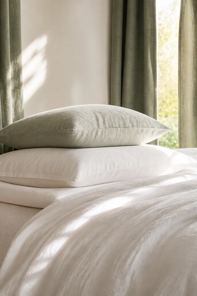 White bed with layered pillows, sage curtains, and a small bedside table