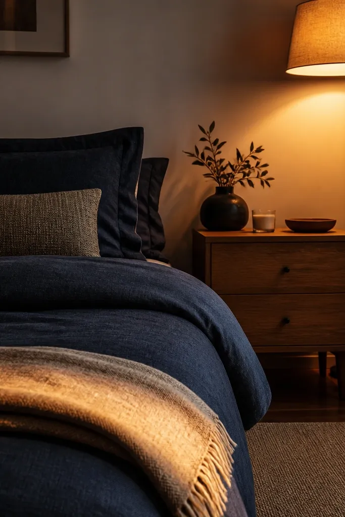Dark blue bedding, tan wood furniture, and a floor lamp beside the bed