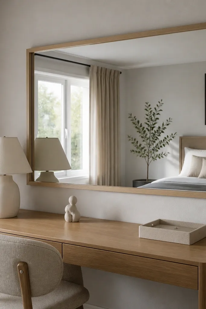 Mirror on the wall above a minimal desk with a lamp and small decor