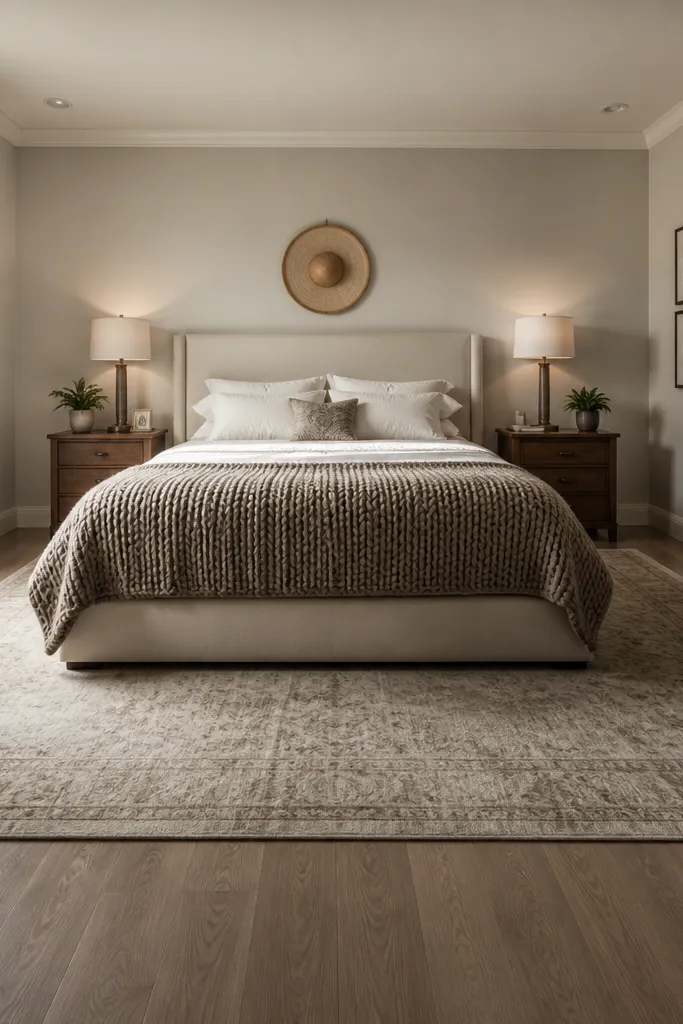 Bed centered on a large rug with an oversized throw blanket at the foot