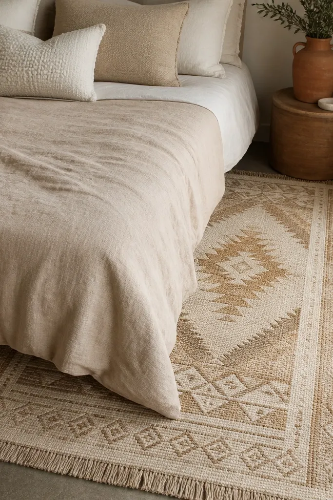 Patterned rug under a bed with beige and cream bedding and a woven look