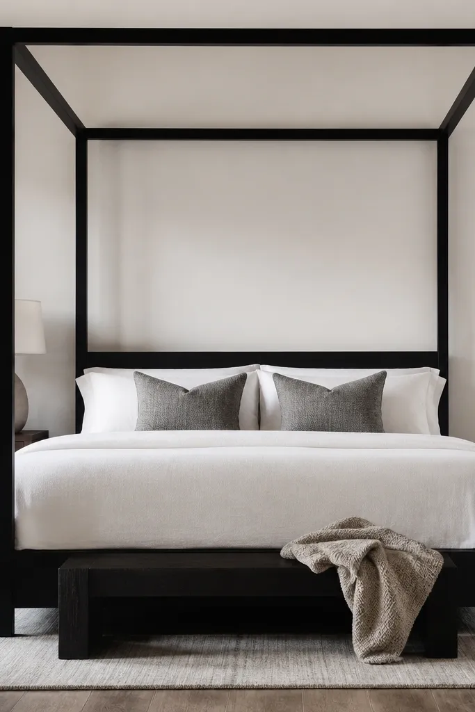 Black bed frame with white curtains and a simple bedside lamp
