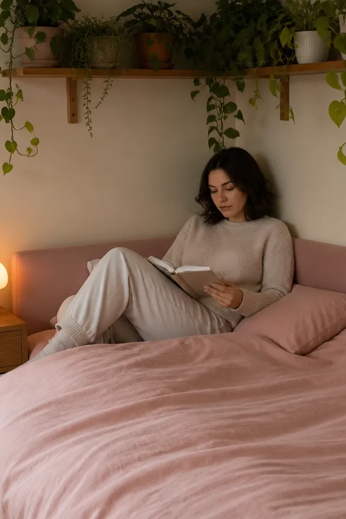 Pink bed in a corner with a small wall plant shelf and warm lamp light