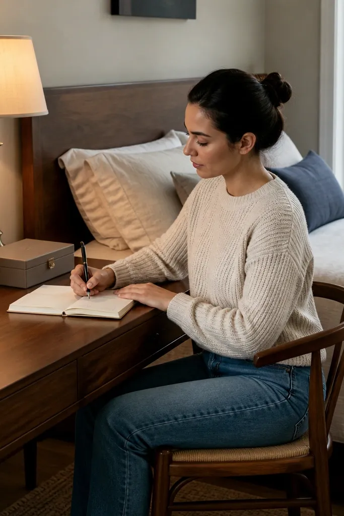 Wood desk near the wall with a lamp and a bed visible in the background