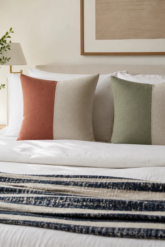 White bed with striped throw blanket and color-block pillows