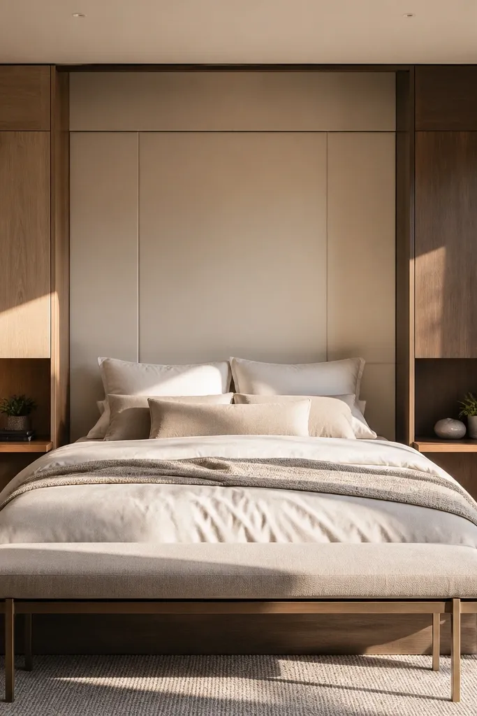 Bed with two-tone look and two small shelves on either side
