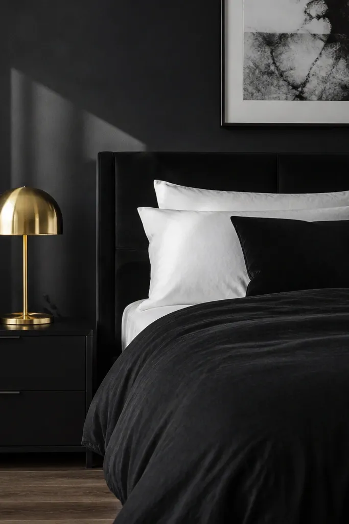 Monochrome bedroom with black and white furniture and one gold-toned lamp