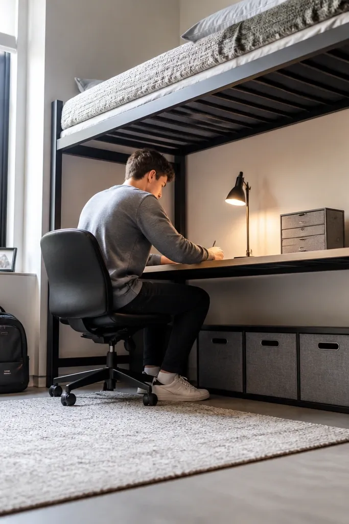 Bed on a loft setup with a desk underneath and clean storage