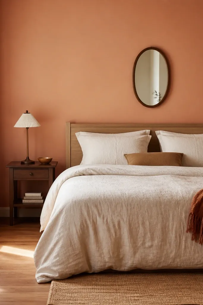 Peach accent wall behind a simple bed with a small lamp and one art piece