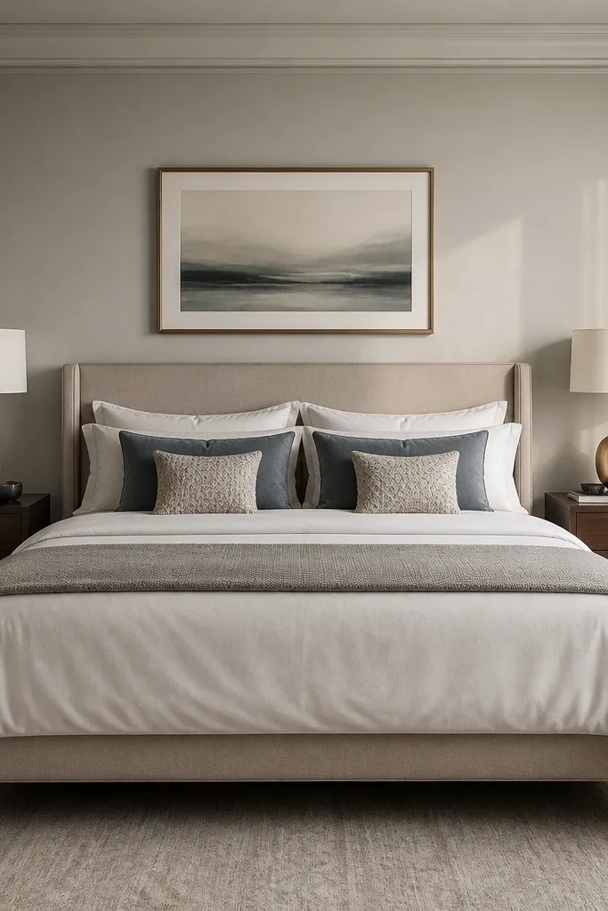 Symmetrical bed setup with two matching bedside lamps and coordinated decor