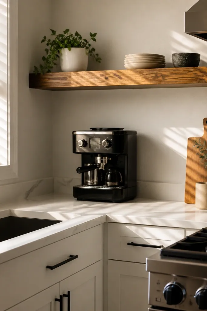 White counters with warm wood shelves, black stove details, and a tidy dining corner.