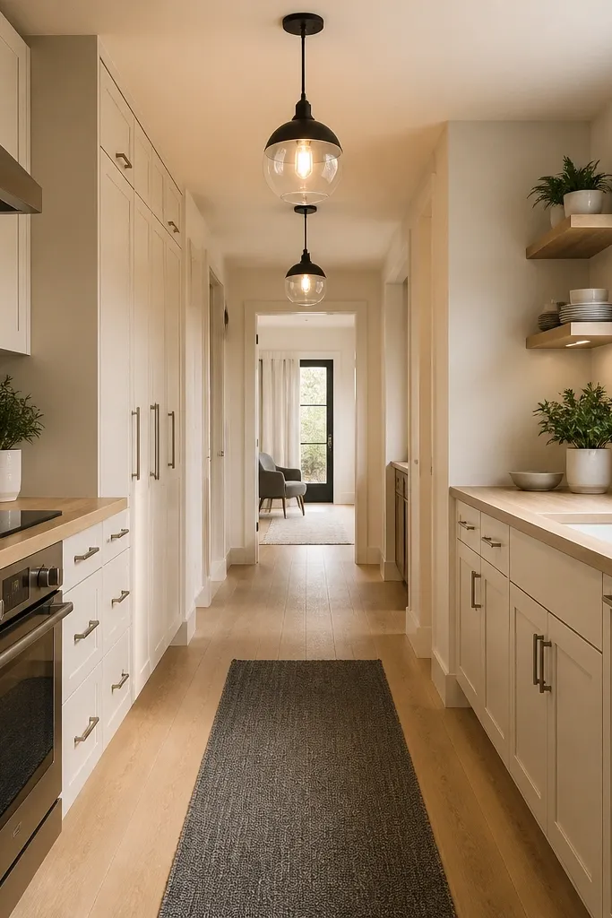 Long narrow kitchen with a striped runner, two pendants, and aligned cabinets.