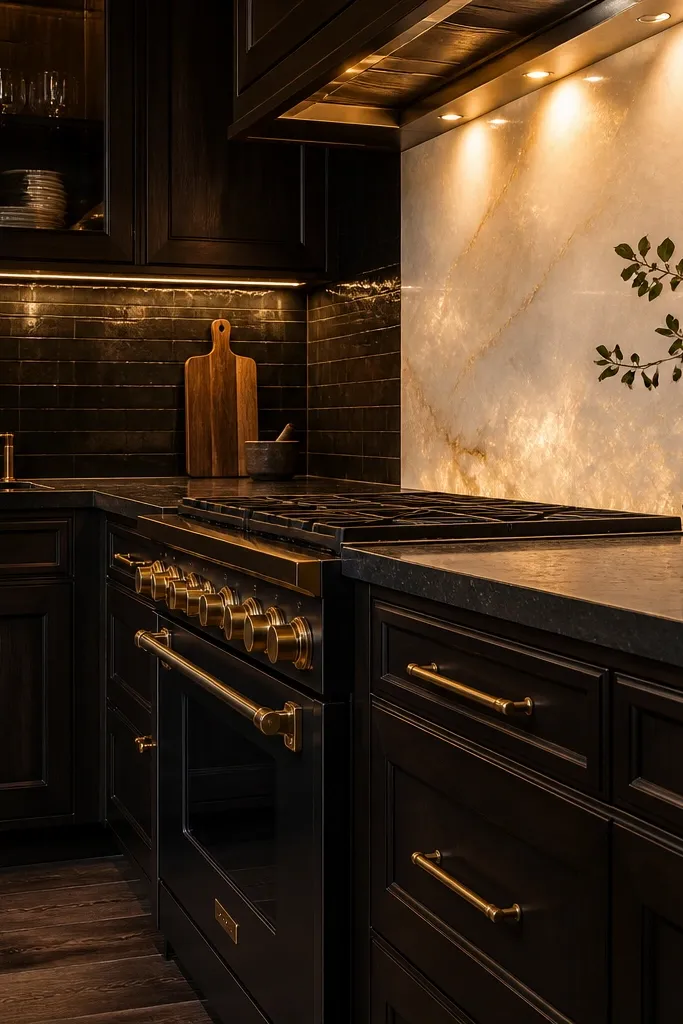 Dark counters with brass details, warm light backsplash, and a moody dining setup.