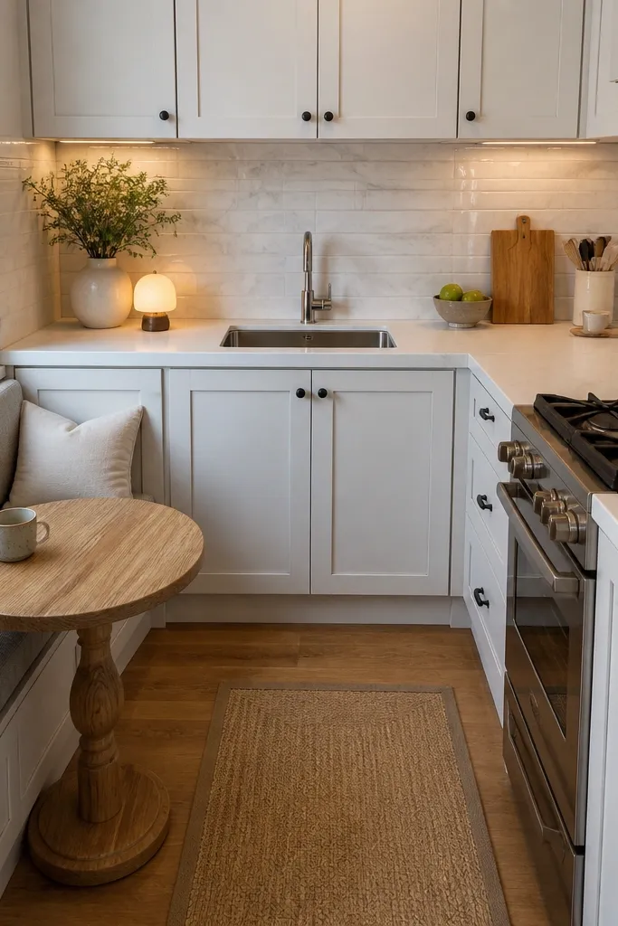 U-shaped counters in a corner with a compact nook table and cushioned chairs.