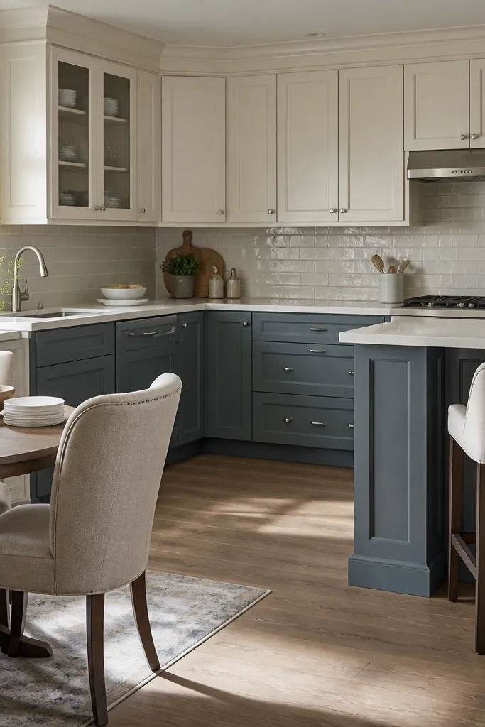 Cream upper cabinets and blue-gray lower cabinets with a clean dining table.