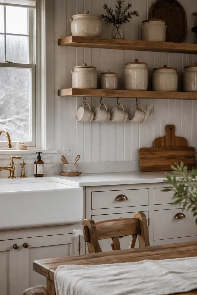 White farmhouse kitchen with beadboard backsplash, open wood racks, and a rustic dining table.