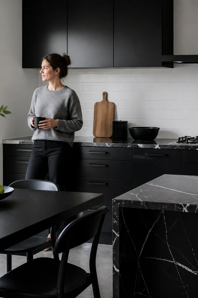 Black cabinets and marble-look counters with a black dining table and white chairs.