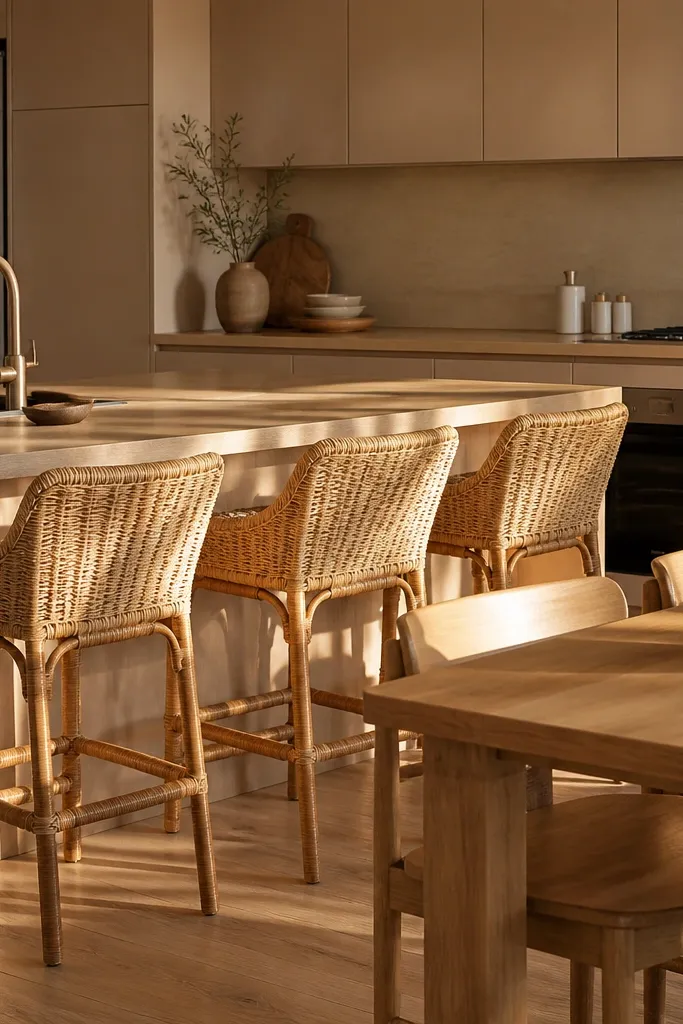 Tan kitchen with rattan bar stools, warm wood table, and soft neutral decor.
