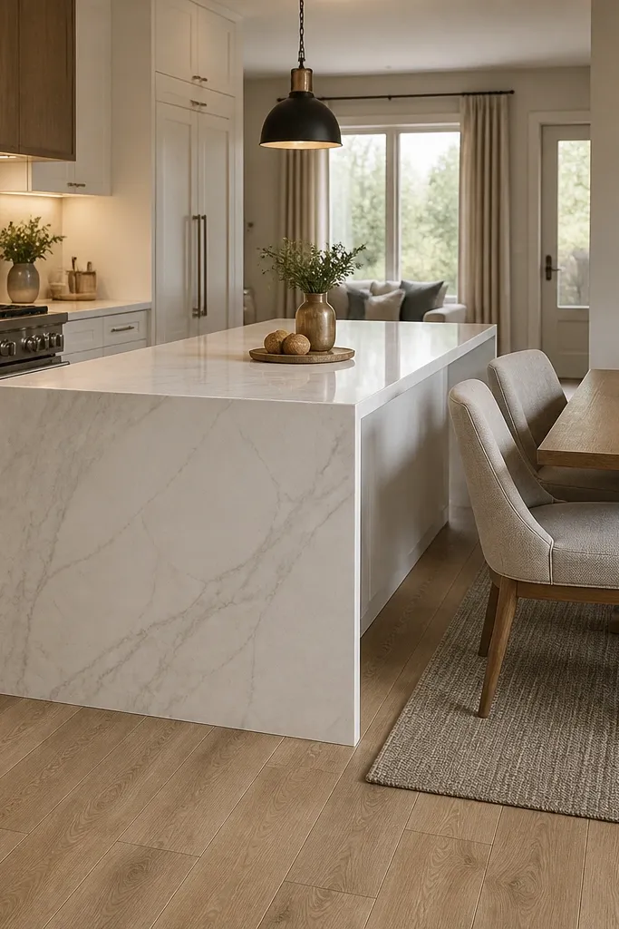 Kitchen island with waterfall counter and a matching dining set nearby.