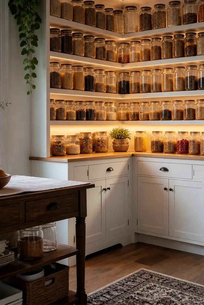 Corner pantry wall with glass jars and a small buffet table for styled dining.
