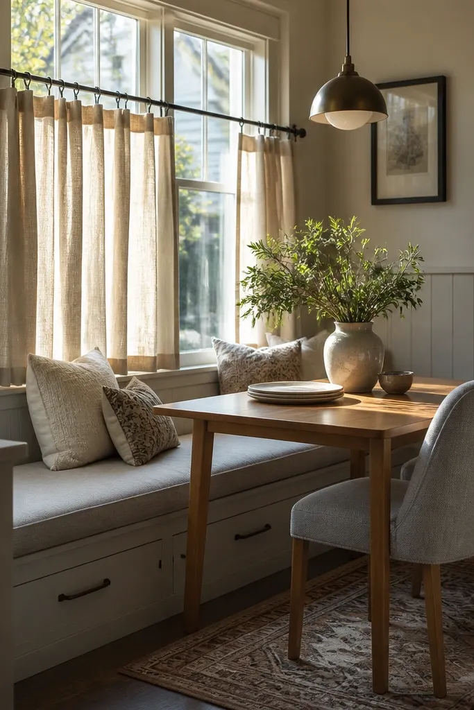 Dining nook by a window with a storage bench, curtain, and soft cushions.