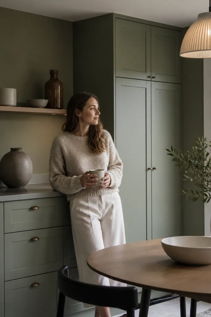 Sage green kitchen with rounded decor, soft lighting, and matching dining chairs.