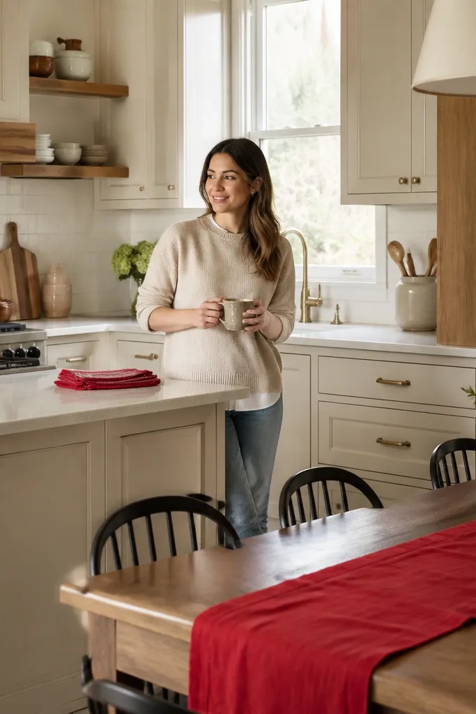 Cream kitchen with red accents, tidy counters, and a red dining runner.