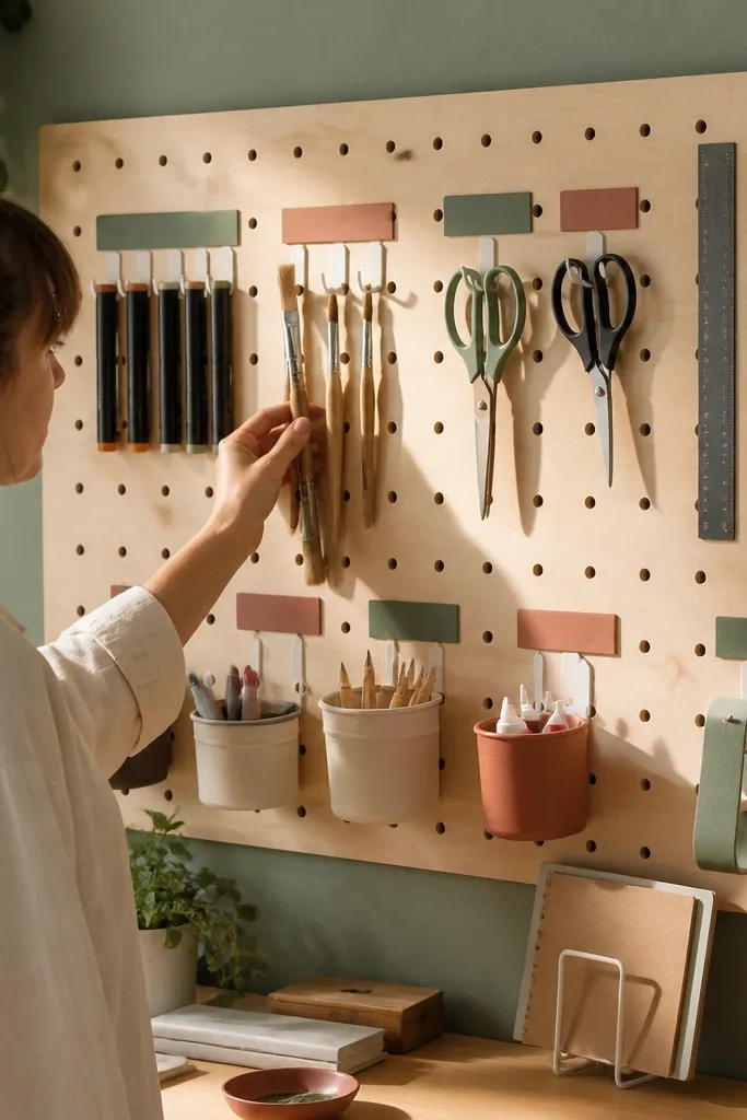 White pegboard with small tools, colored labels, and hooks above a craft desk