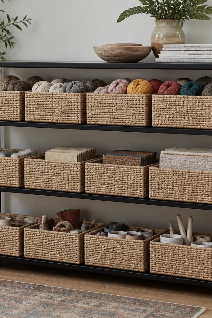 Two open shelves with woven baskets in matching sizes and a few craft books stacked