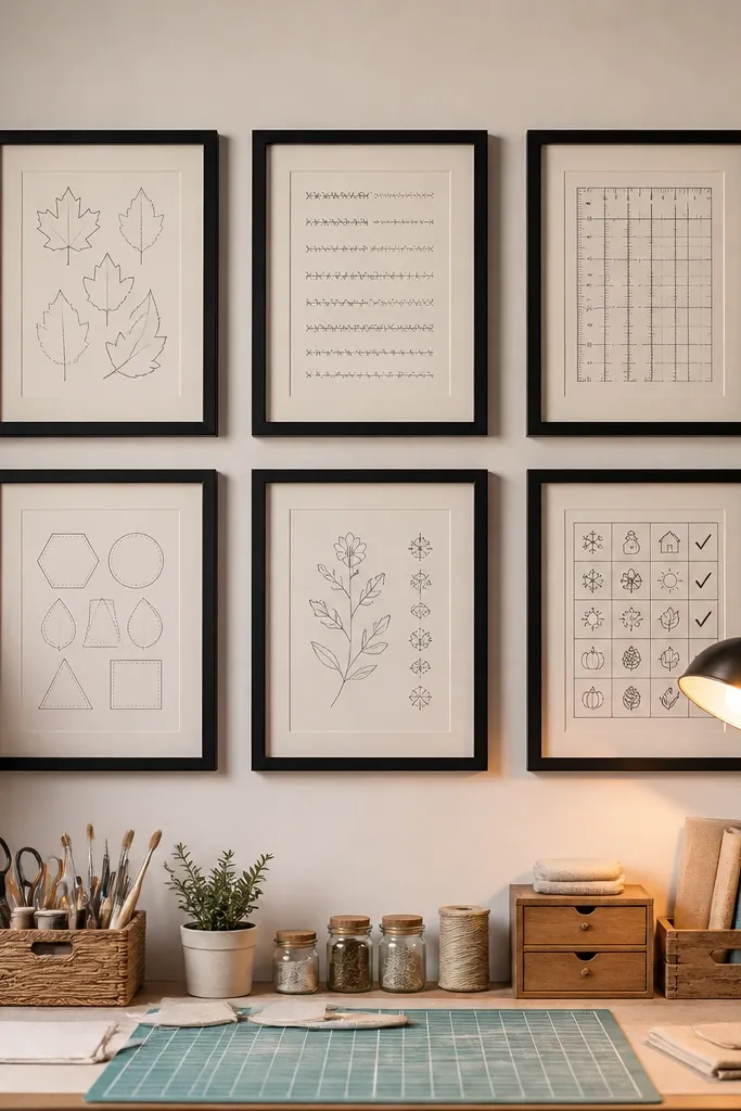 A grid of small frames with printable craft templates and colored borders