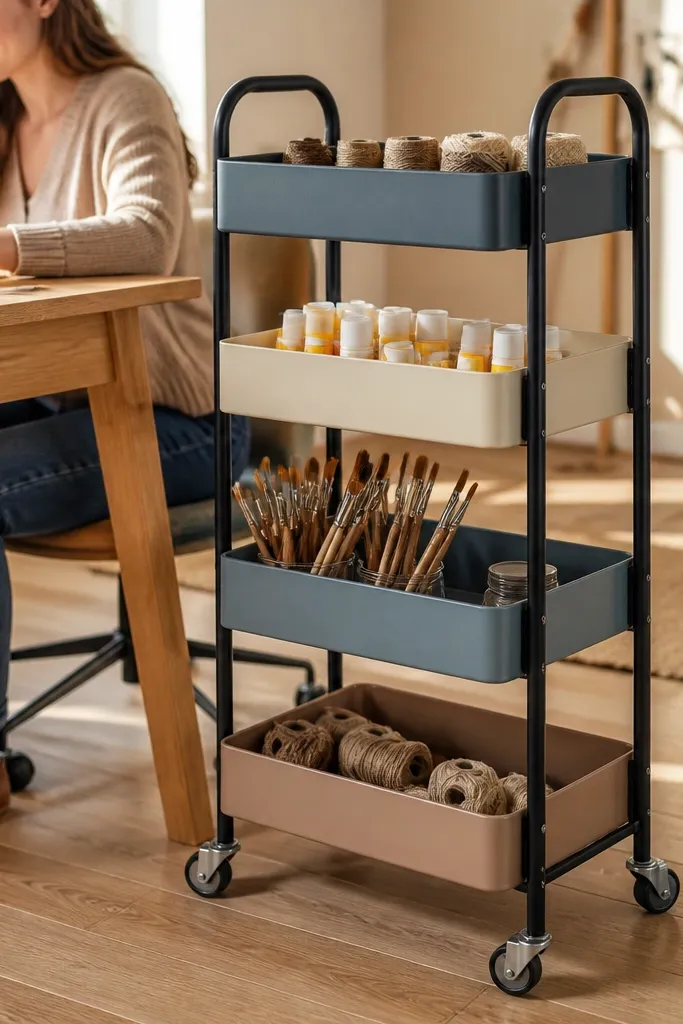 A small rolling cart beside a desk with labeled bins and tidy stacked paper