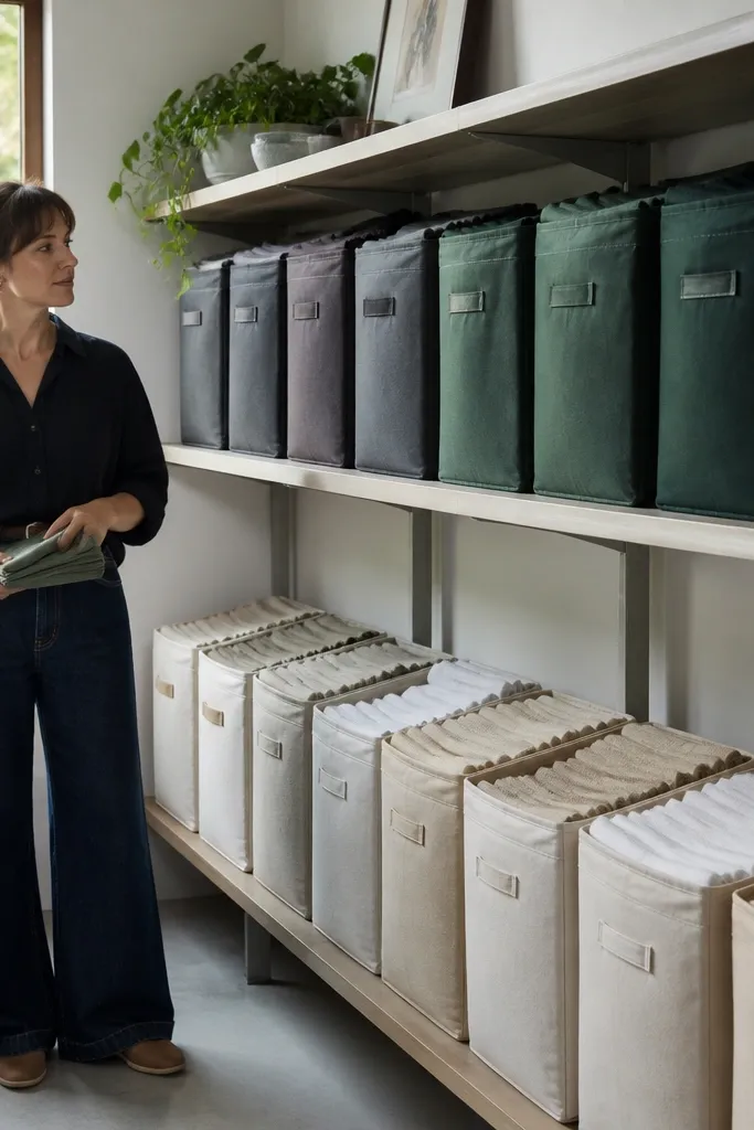 Fabric bolts stacked in bins arranged by color blocks on a wall shelf