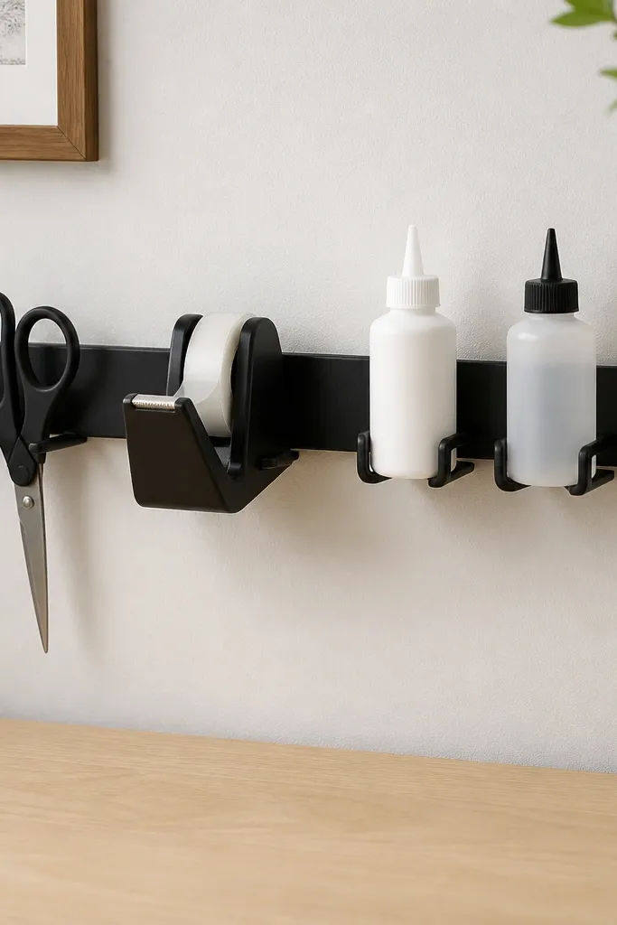 Black rail with hooks holding scissors, tape rolls, and glue bottles above a work table