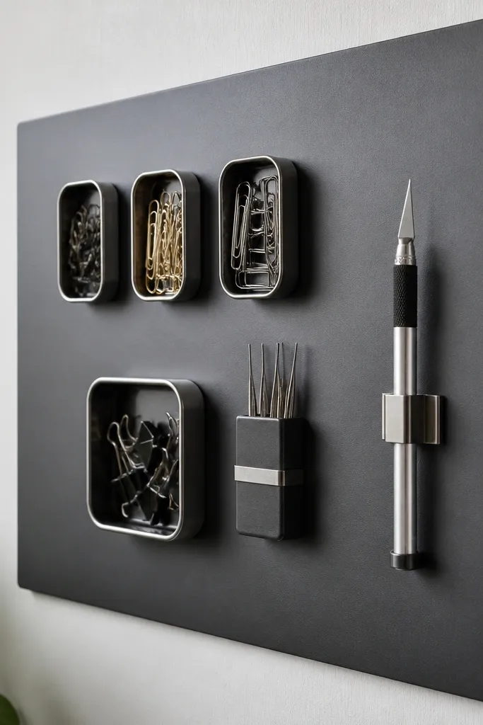 Metal magnetic board with small magnetic tins and tool holders on a wall