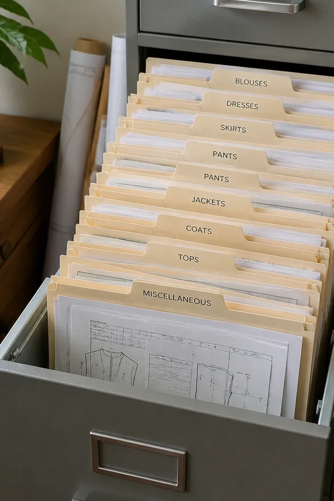 Vertical paper file folders in a cabinet with labeled tabs and neat stacks