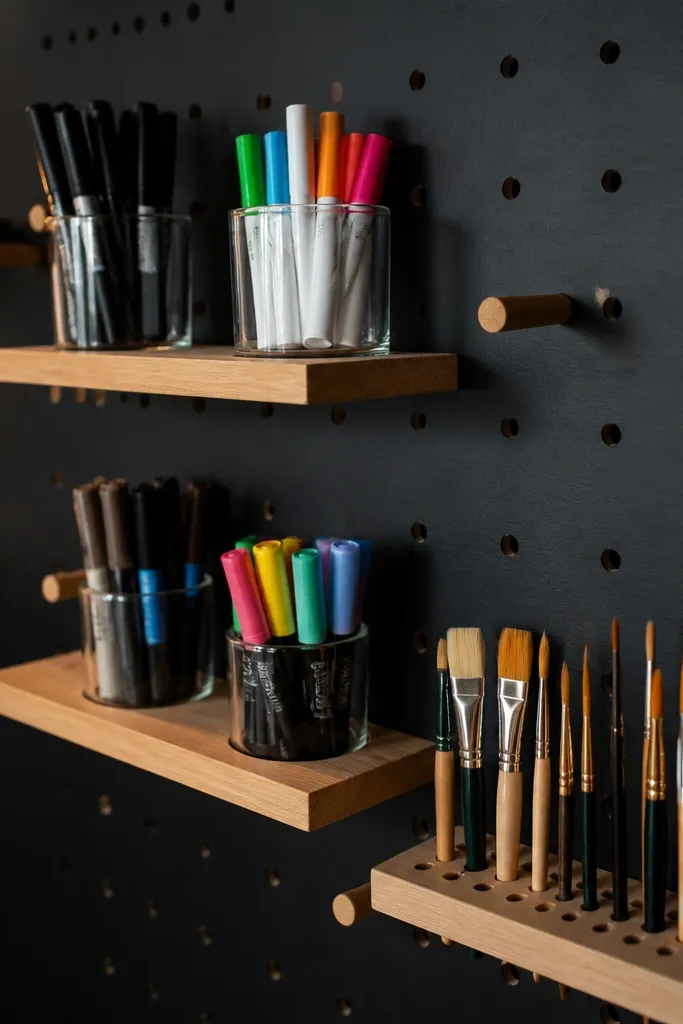 Matte black pegboard wall with small natural wood shelves and jars for supplies